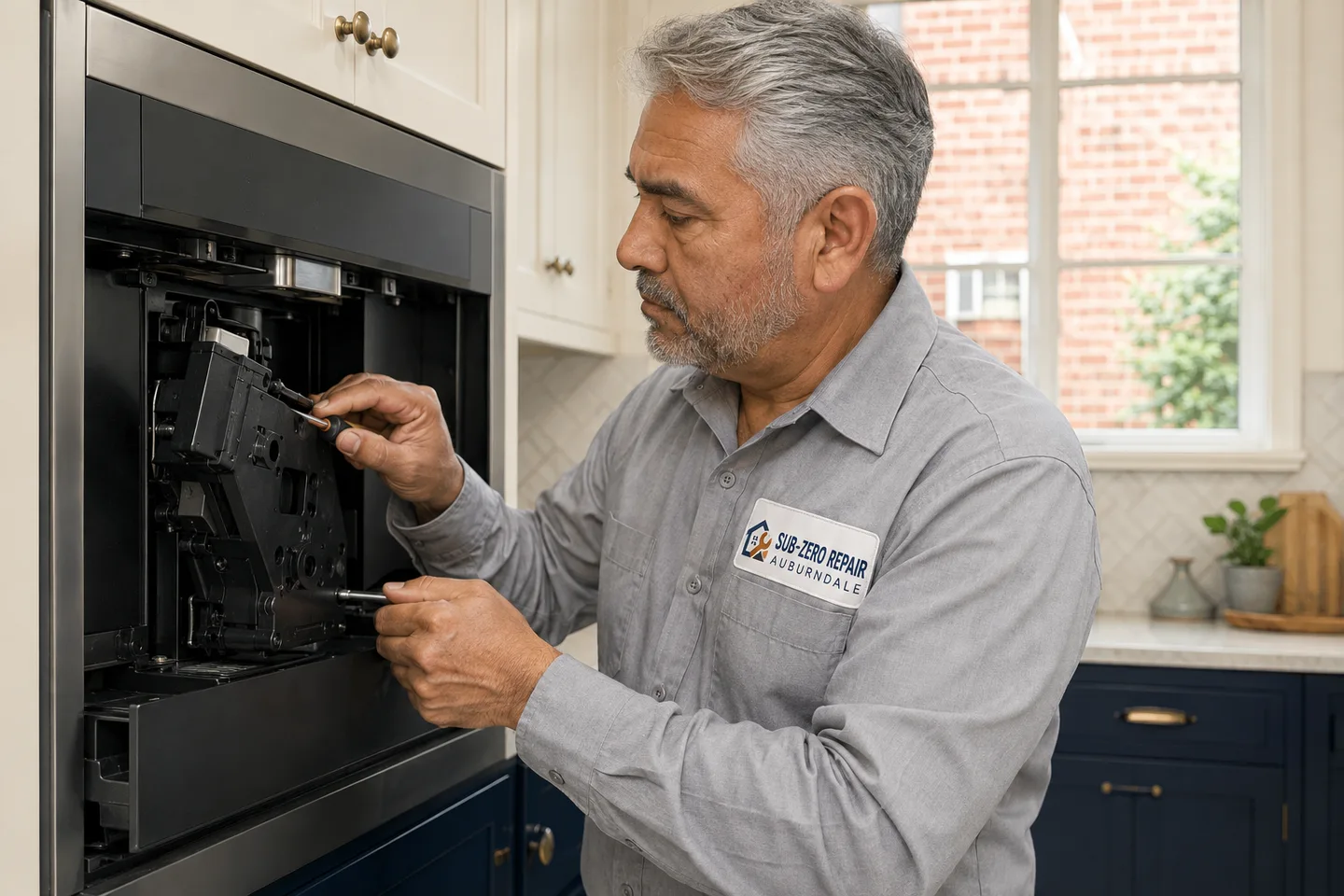 Technician diagnosing a Wolf built-in coffee system, wearing the company logo. AI-generated illustration.