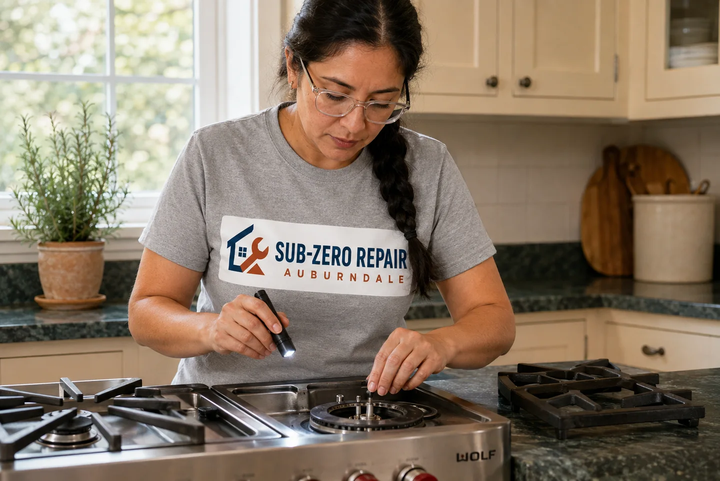 Technician diagnosing a Wolf cooktop & rangetop, wearing the company logo. AI-generated illustration.