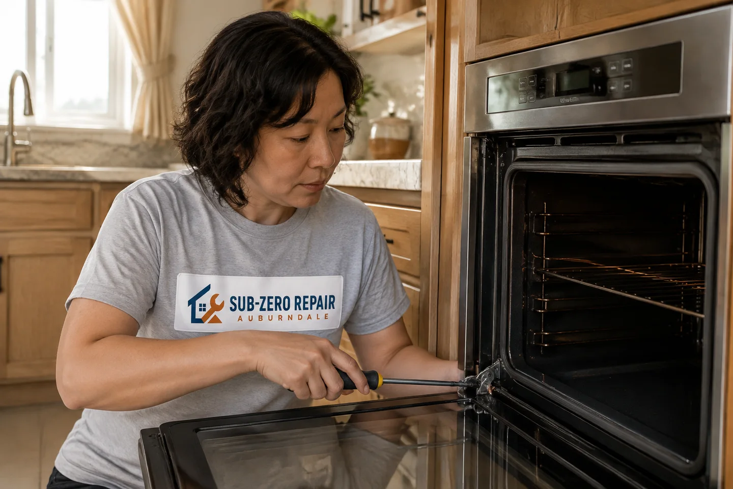 Technician diagnosing a Wolf oven, wearing the company logo. AI-generated illustration.