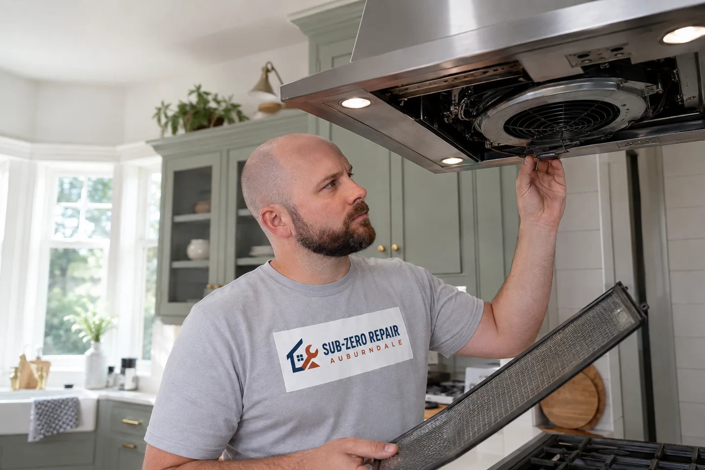Technician diagnosing a Wolf range hood, wearing the company logo. AI-generated illustration.