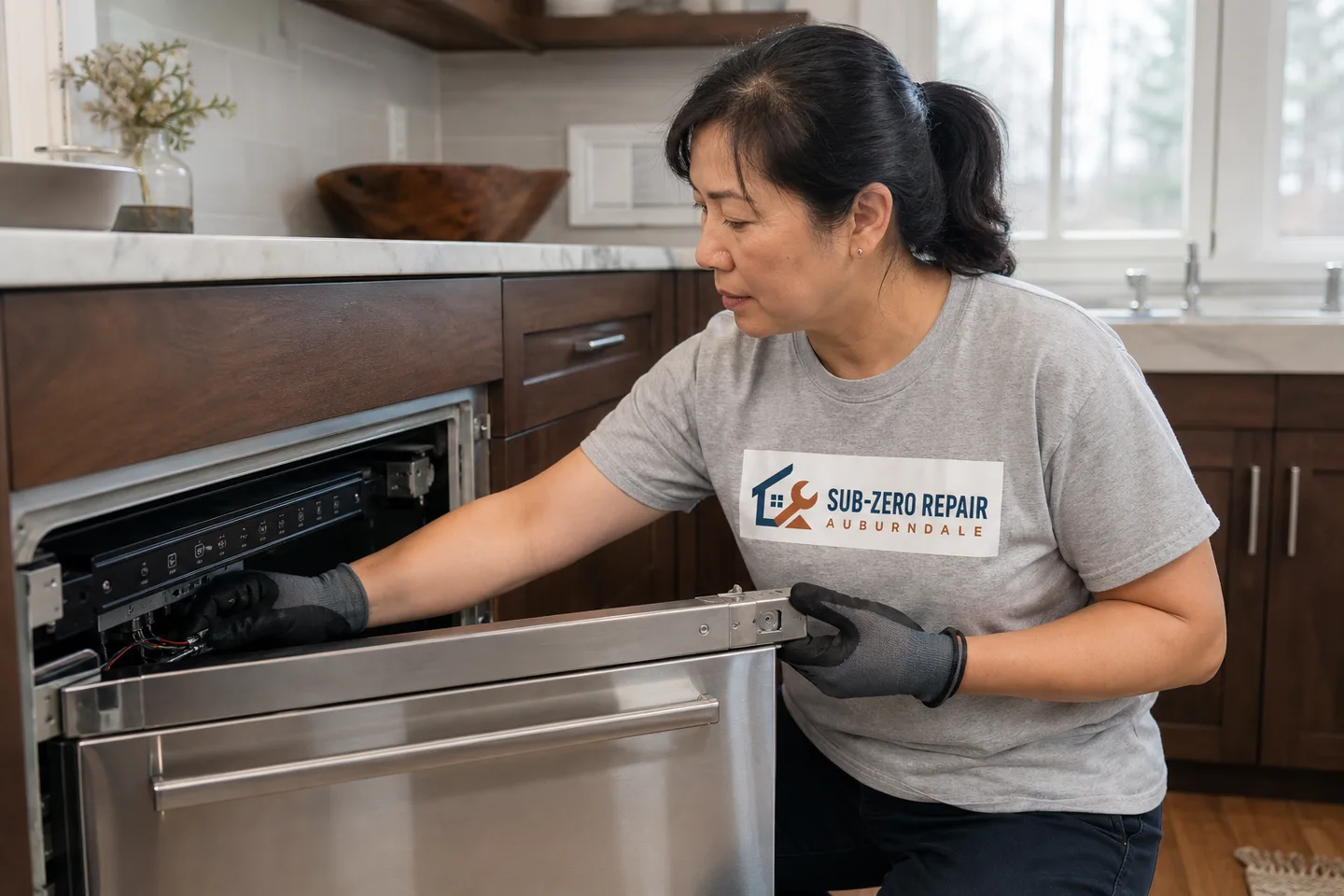 Technician diagnosing a Wolf warming drawer, wearing the company logo. AI-generated illustration.
